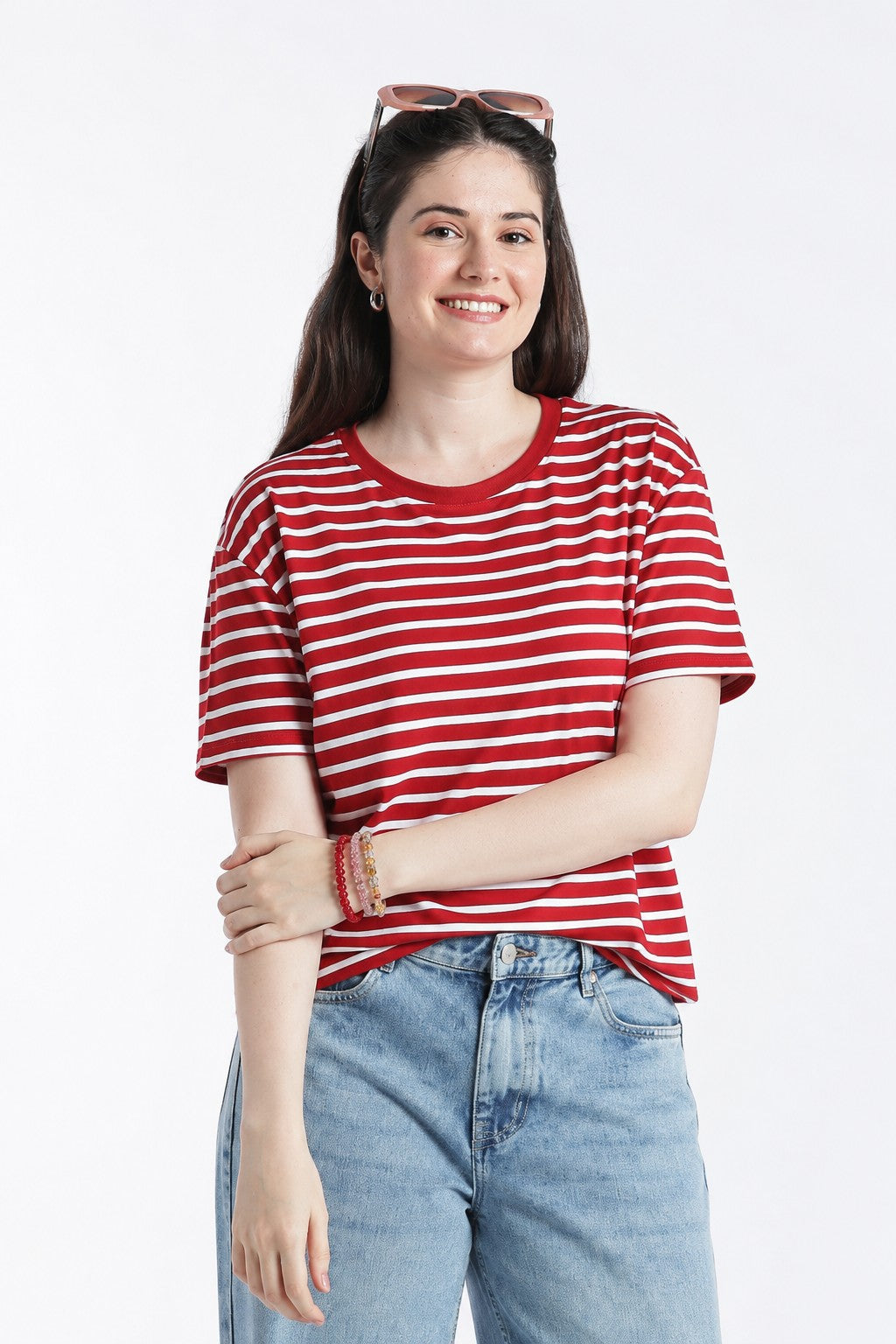 Red Striped Drop Shoulder Sleeves Relaxed Fit T-Shirt for Women - Image 1