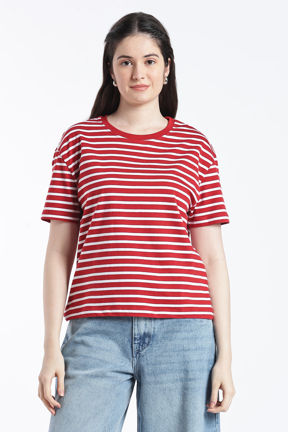 Red Striped Drop Shoulder Sleeves Relaxed Fit T-Shirt for Women - Image 2