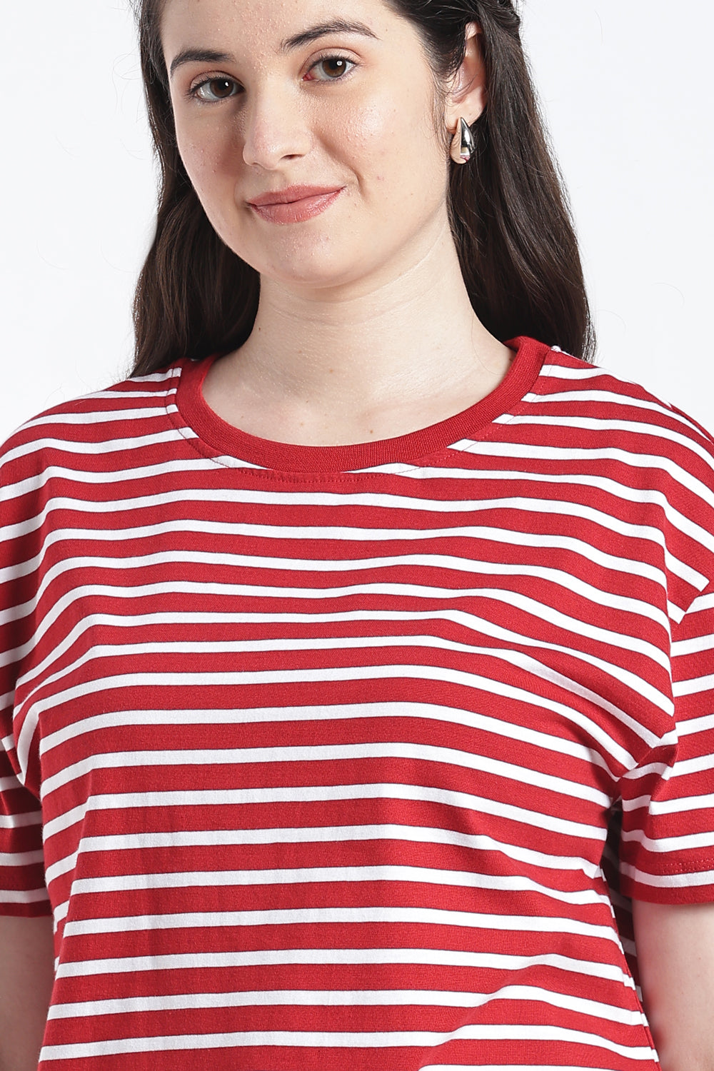 Red Striped Drop Shoulder Sleeves Relaxed Fit T-Shirt for Women - Image 3