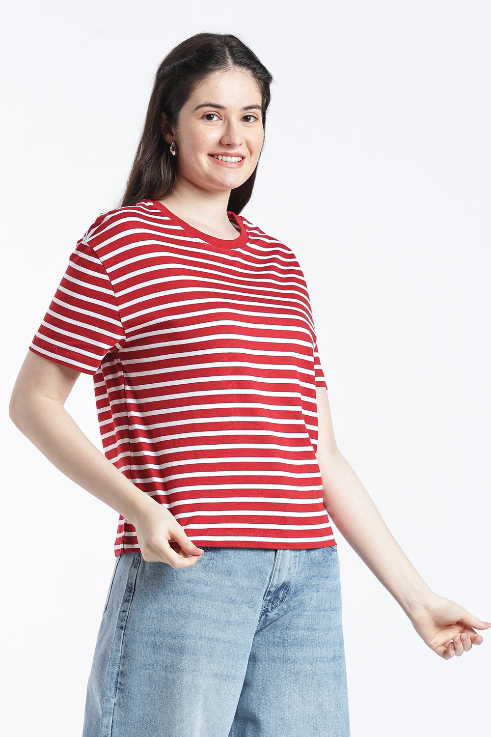 Red Striped Drop Shoulder Sleeves Relaxed Fit T-Shirt for Women - Image 4