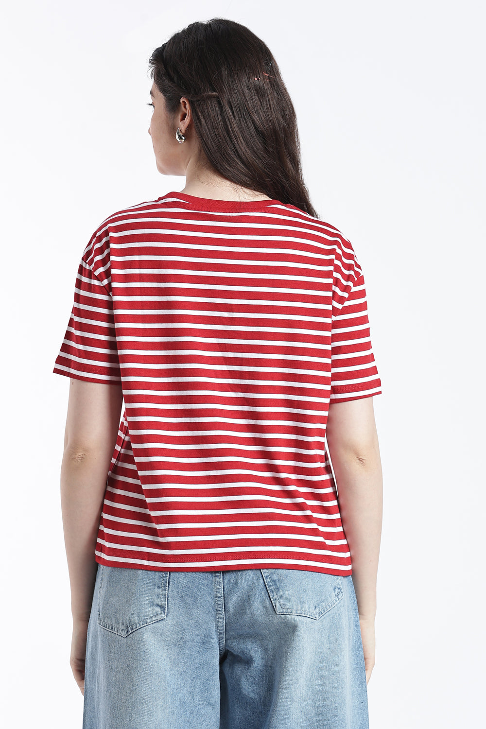Red Striped Drop Shoulder Sleeves Relaxed Fit T-Shirt for Women - Image 5