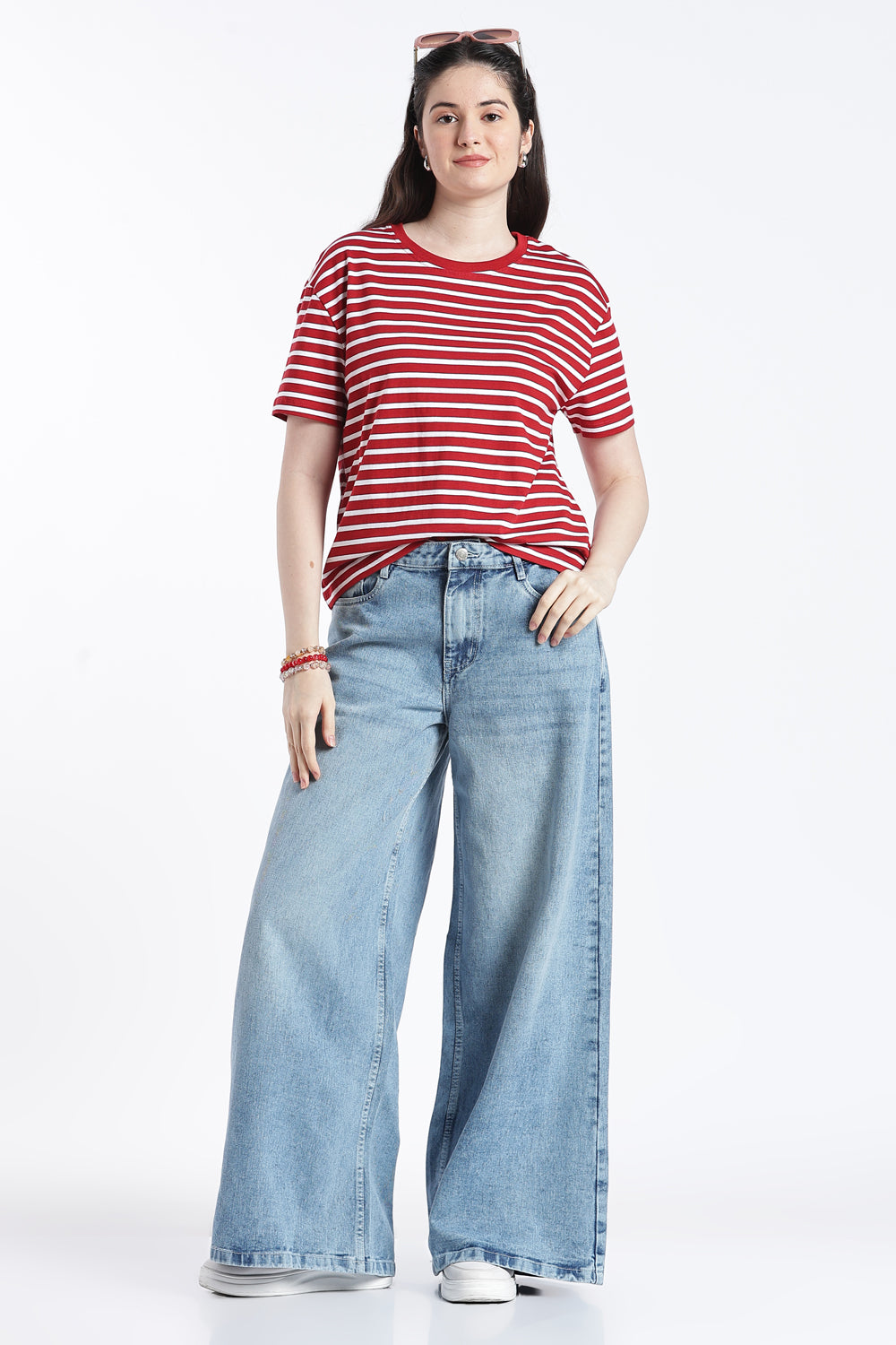 Red Striped Drop Shoulder Sleeves Relaxed Fit T-Shirt for Women - Image 6