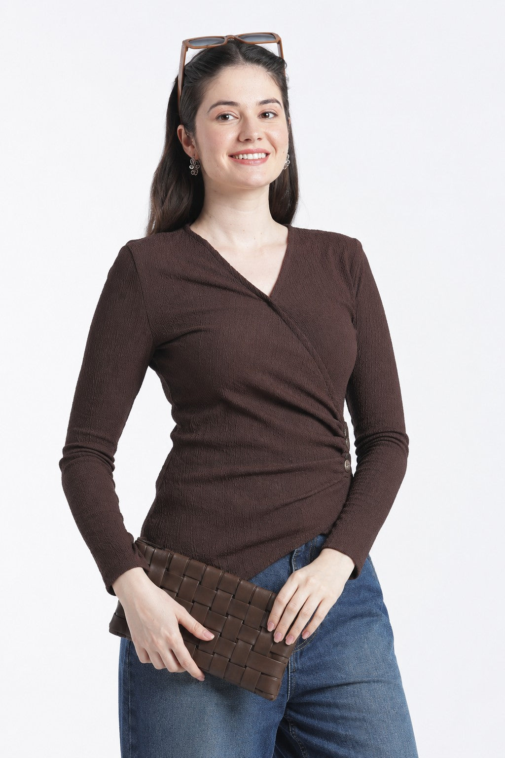 Chocolate Regular Fit Wrap Top for Women - Image 1