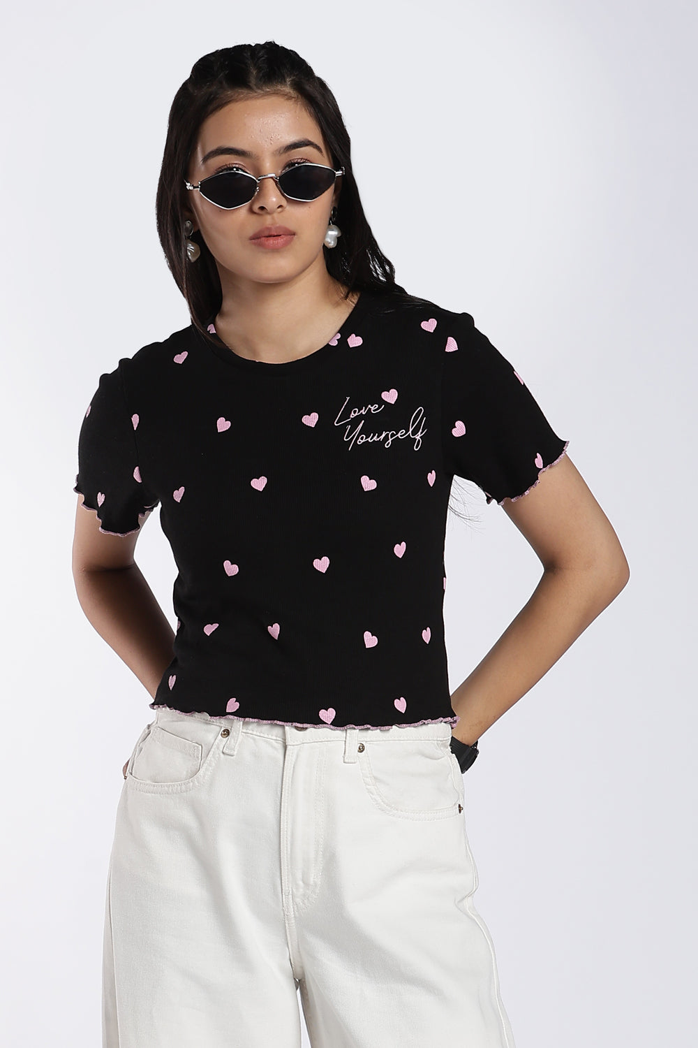 Black Heart Print Ribbed Top For Women - Image 1