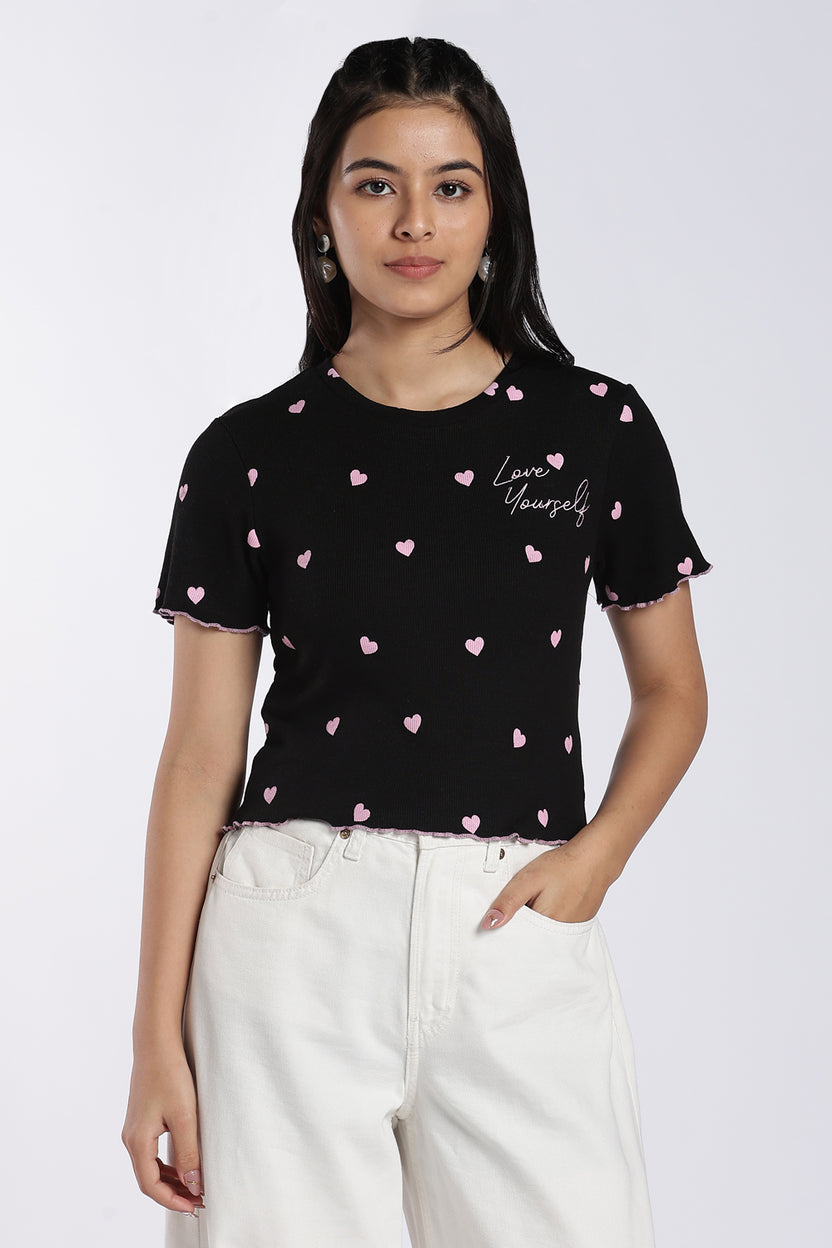 Black Heart Print Ribbed Top For Women - Image 2