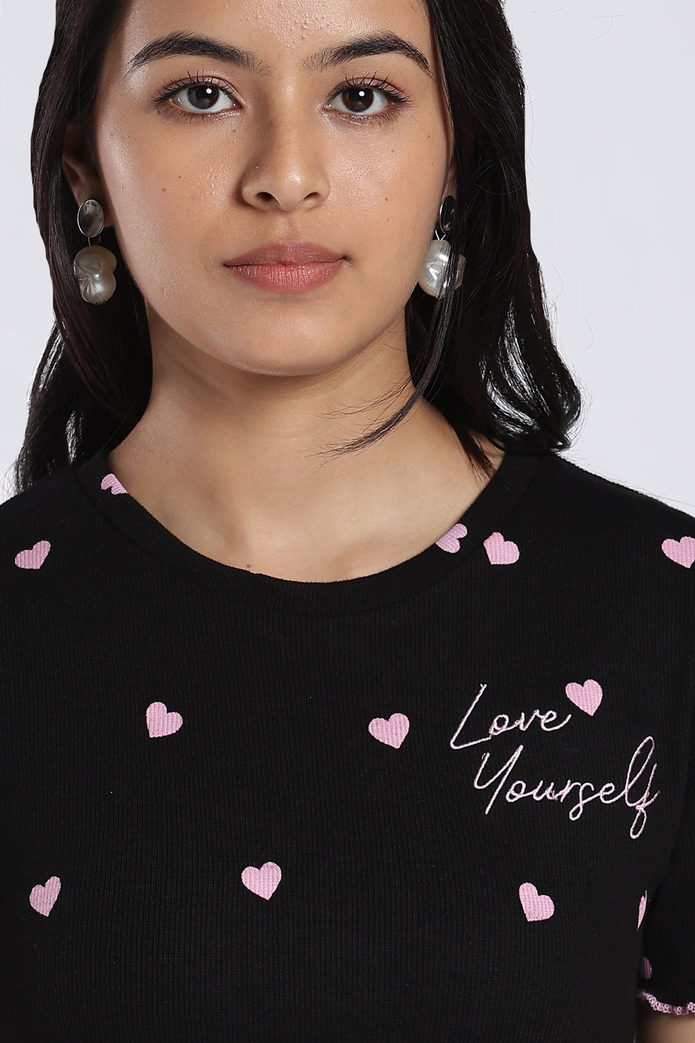 Black Heart Print Ribbed Top For Women - Image 3