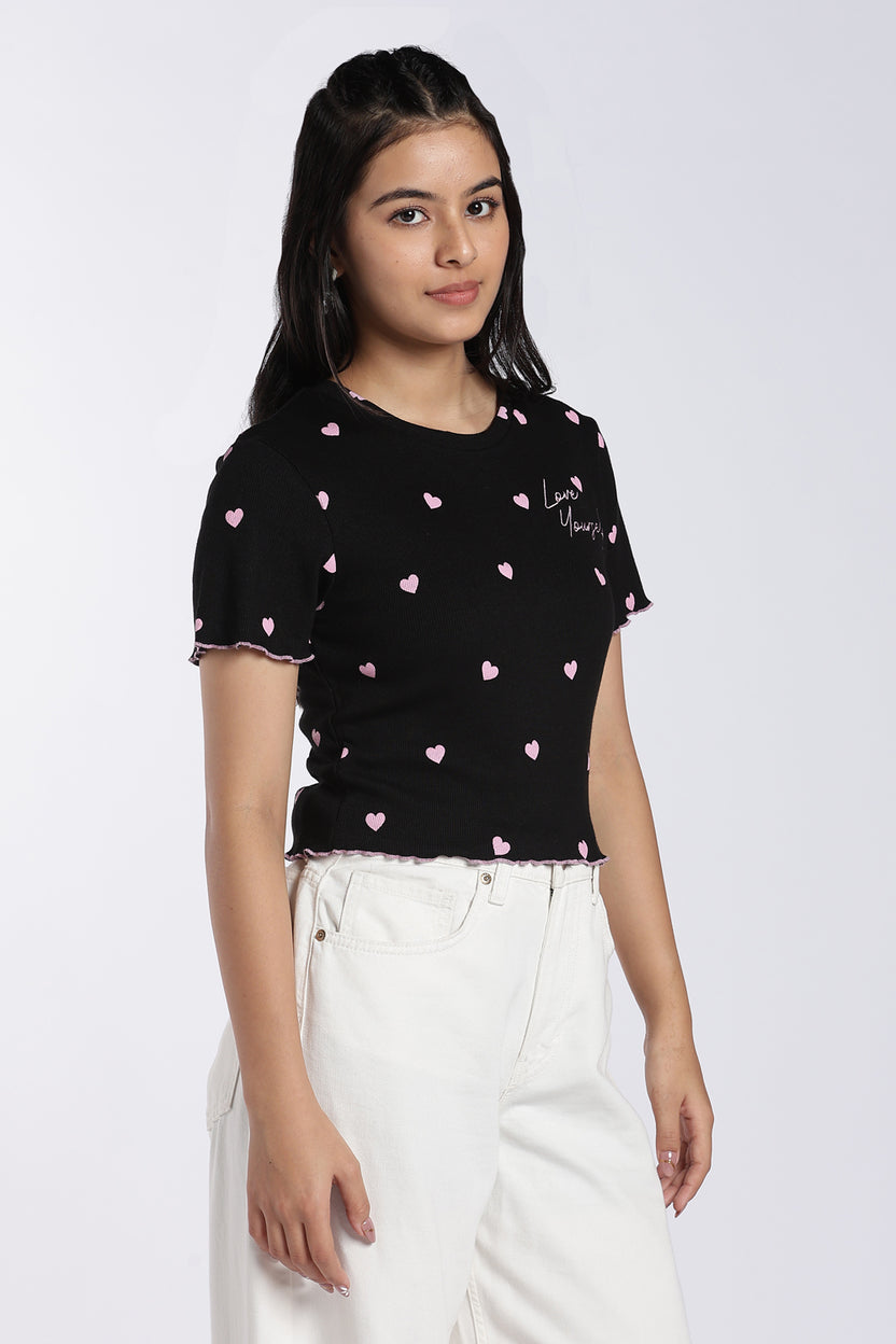 Black Heart Print Ribbed Top For Women - Image 4