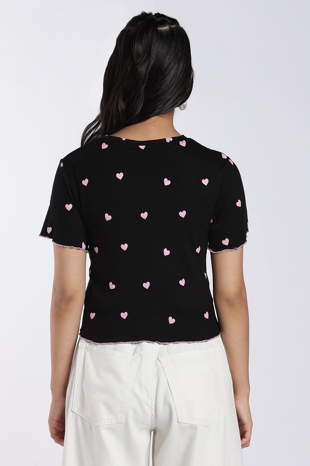 Black Heart Print Ribbed Top For Women - Image 5