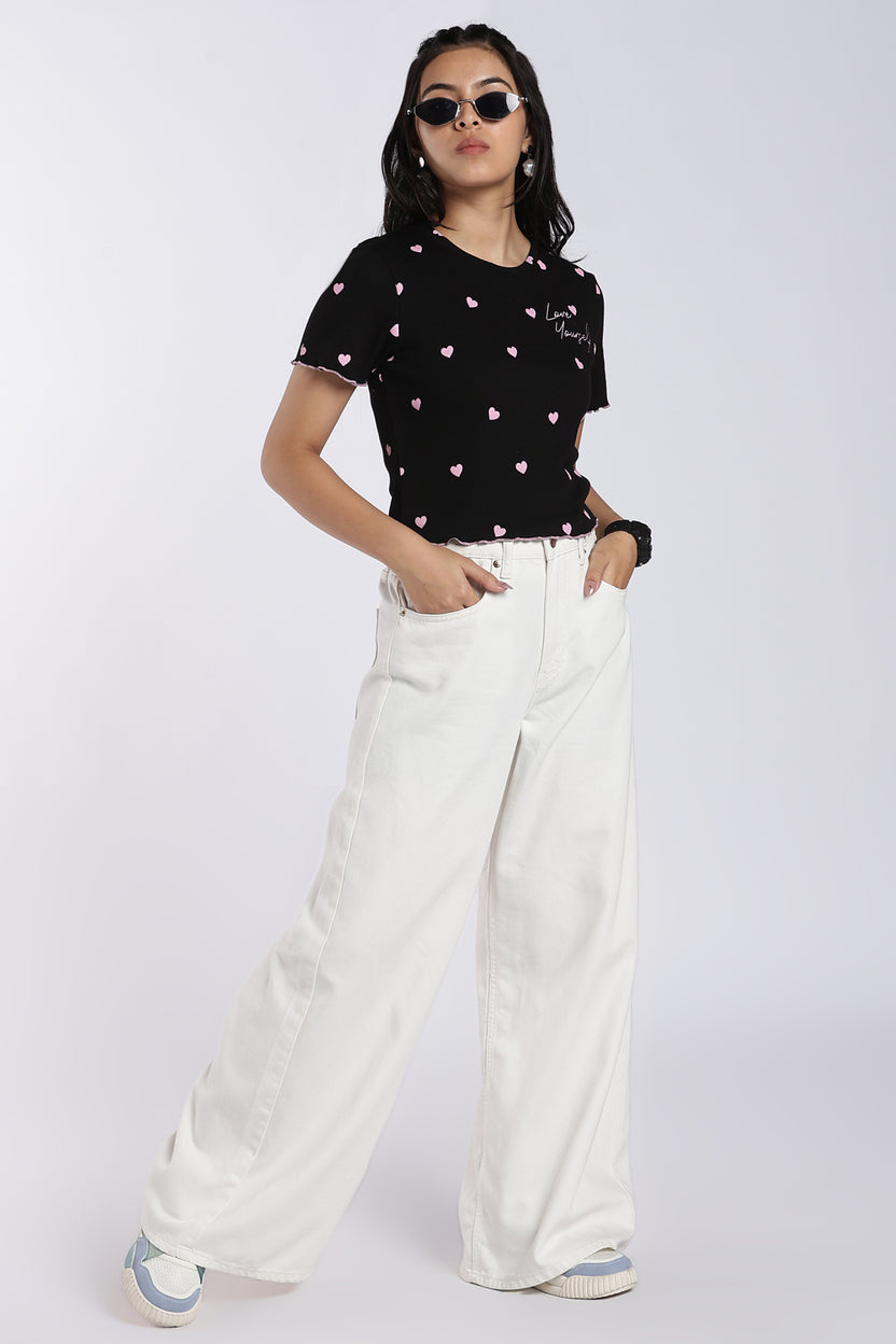Black Heart Print Ribbed Top For Women - Image 6