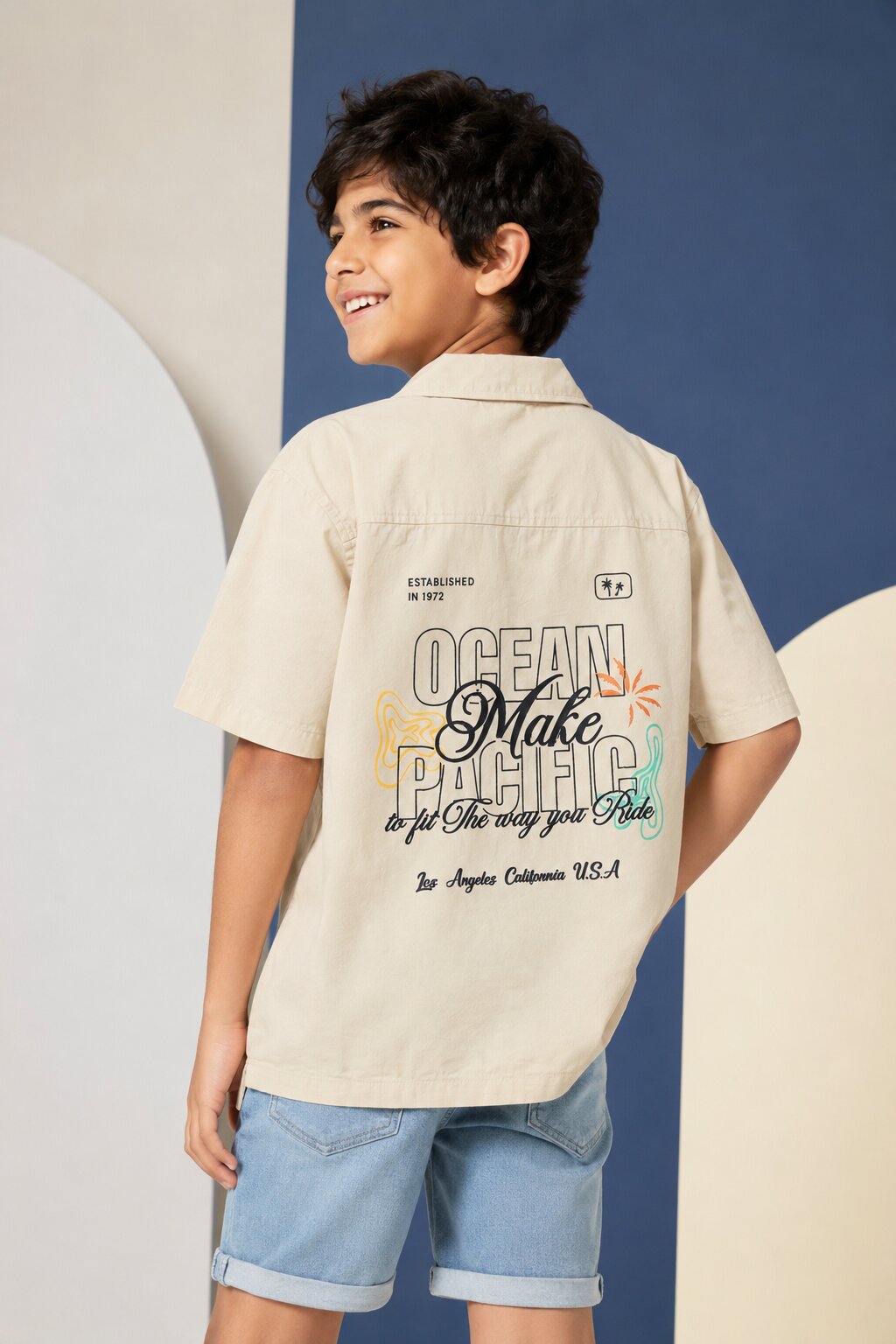 Beige Chest Pocket Style with Ocean Graphic Utility Shirt for Tweens Boys - Image 1