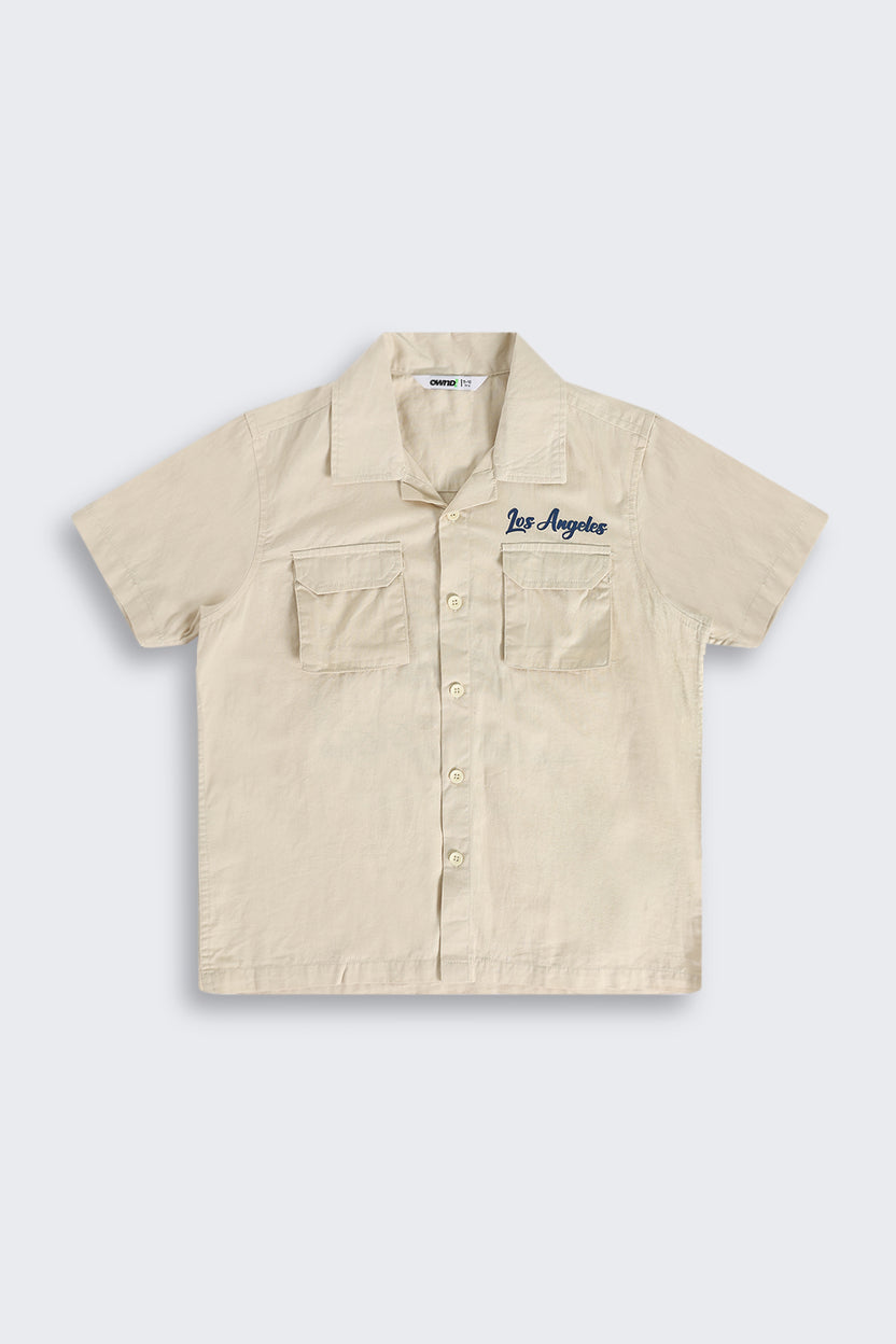 Beige Chest Pocket Style with Ocean Graphic Utility Shirt for Tweens Boys - Image 2