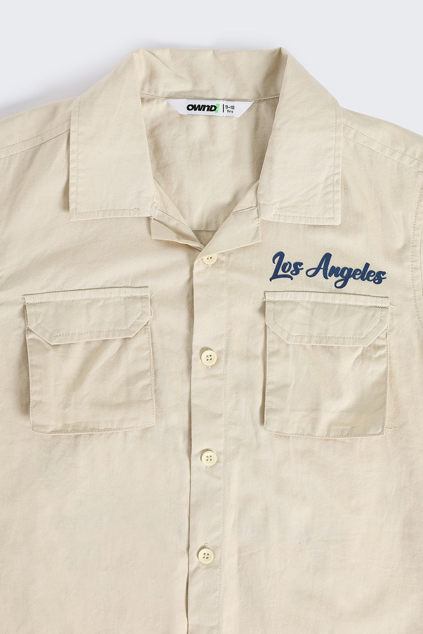Beige Chest Pocket Style with Ocean Graphic Utility Shirt for Tweens Boys - Image 4