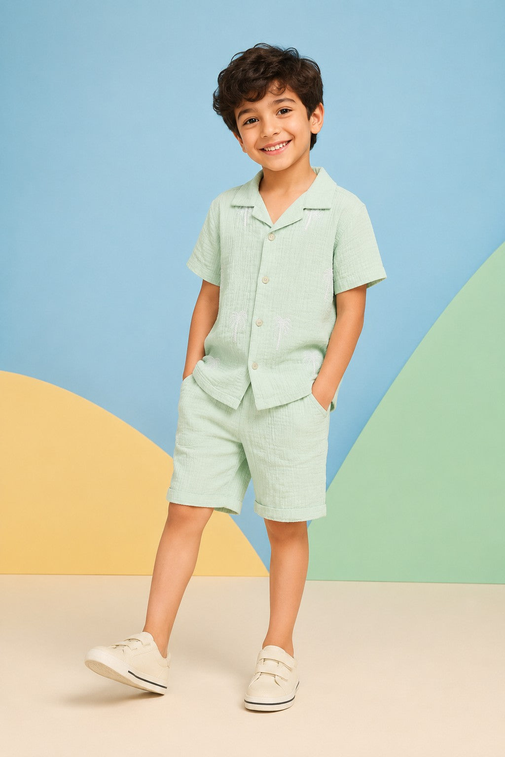 Green Embroidered Cotton Regular Fit Co-ord Set for Boys - Image 1
