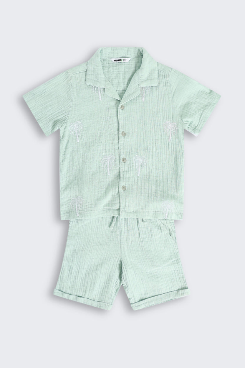 Green Embroidered Cotton Regular Fit Co-ord Set for Boys - Image 2