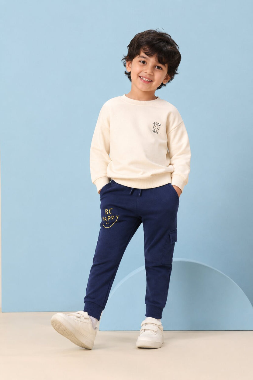 Navy Typographic Cotton Joggers for Boys - Image 1