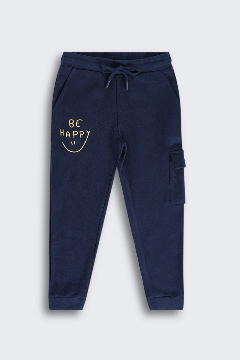 Navy Typographic Cotton Joggers for Boys - Image 2