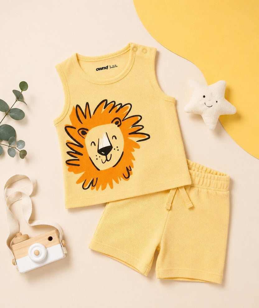 Yellow Tiger Printed Cotton Regular Fit Co-ord Set for Infant Boys - Image 1