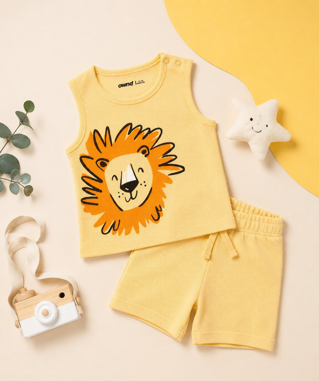 Yellow Tiger Printed Cotton Regular Fit Co-ord Set for Infant Boys - Image 1