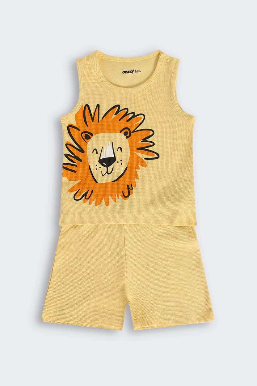 Yellow Tiger Printed Cotton Regular Fit Co-ord Set for Infant Boys - Image 2