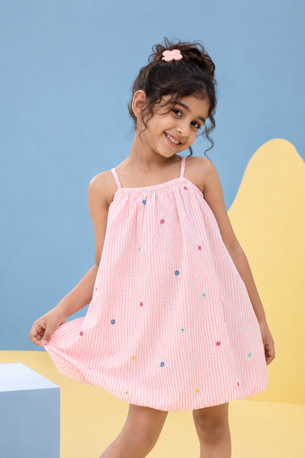 Coral Striped Dress for Girls - Image 1