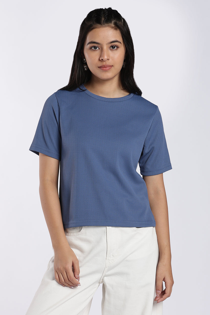 Blue Ribbed Crew Neck T-Shirt for Women - Image 2