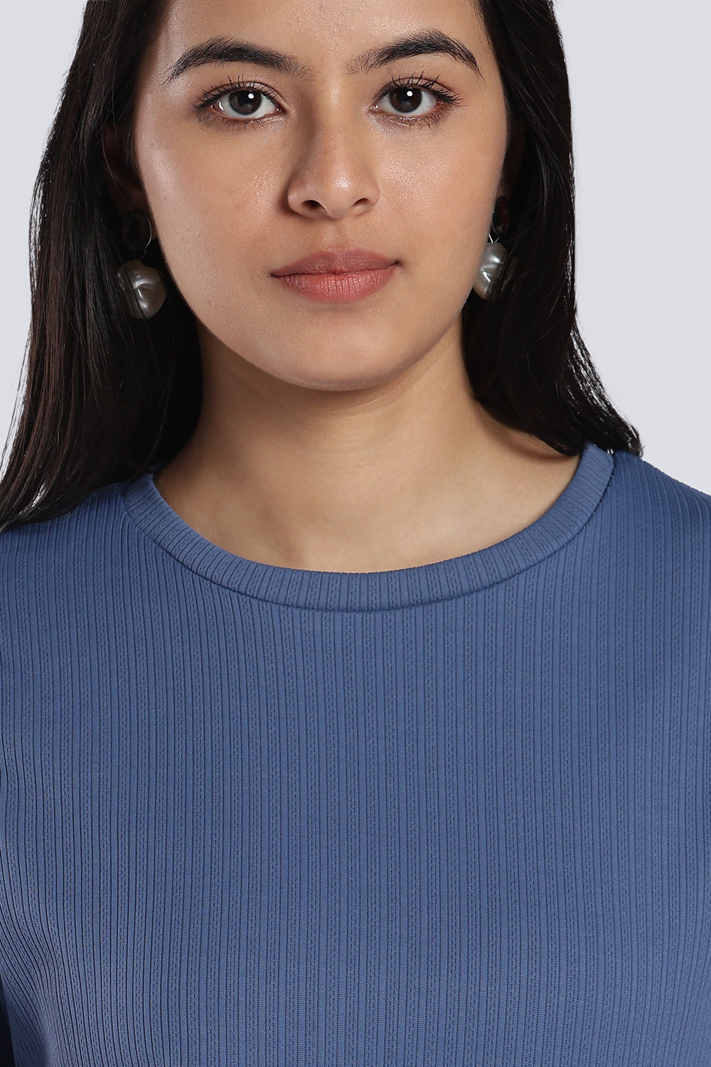 Blue Ribbed Crew Neck T-Shirt for Women - Image 7