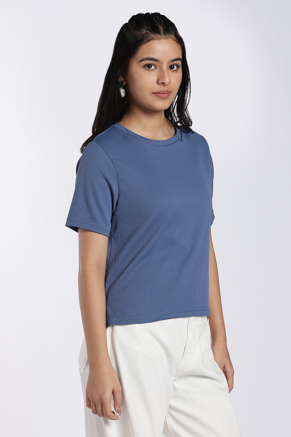 Blue Ribbed Crew Neck T-Shirt for Women - Image 4
