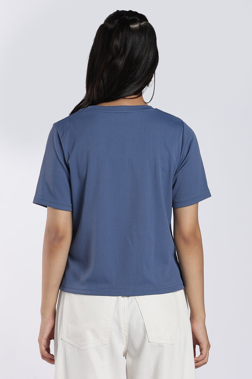 Blue Ribbed Crew Neck T-Shirt for Women - Image 5
