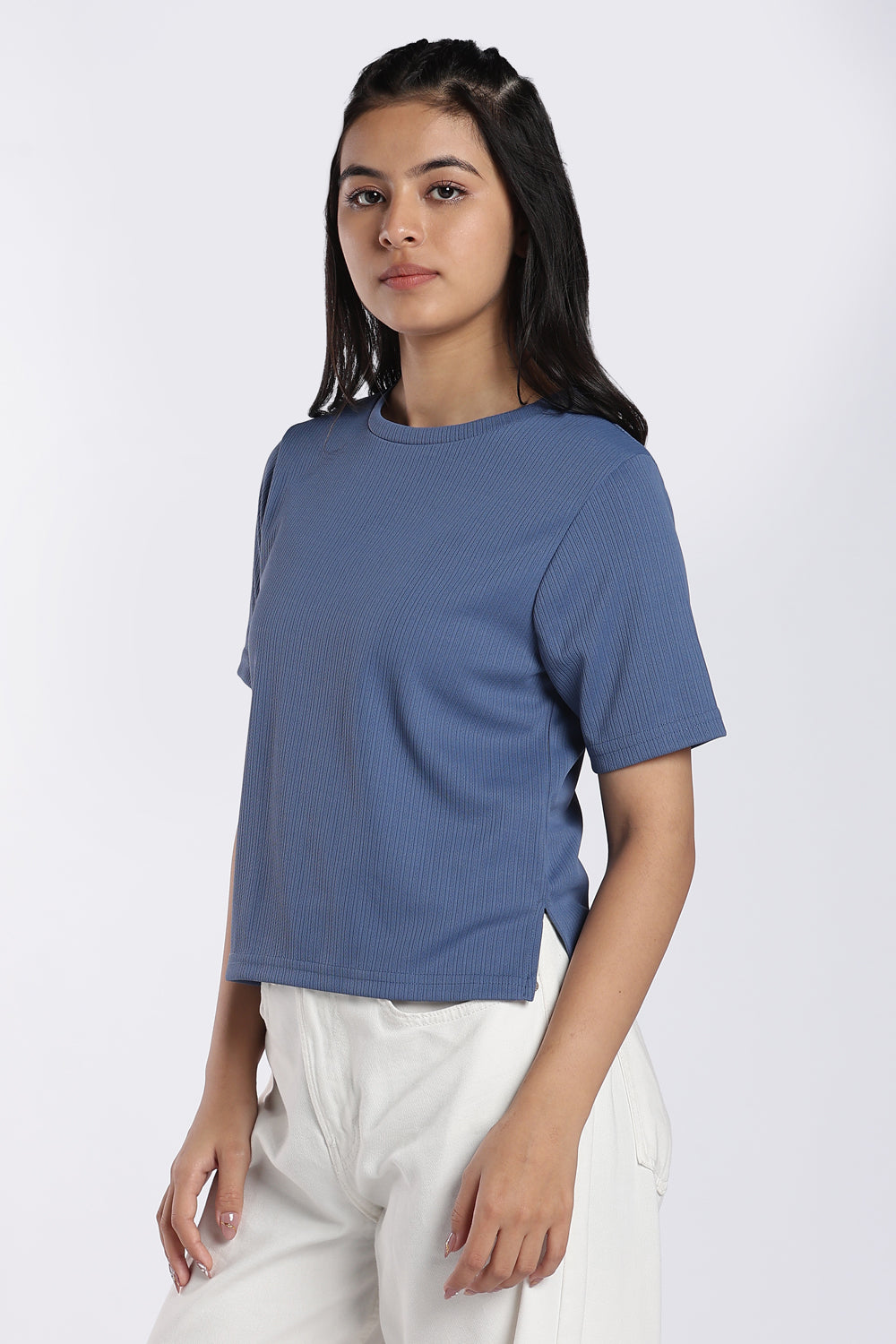 Blue Ribbed Crew Neck T-Shirt for Women - Image 6