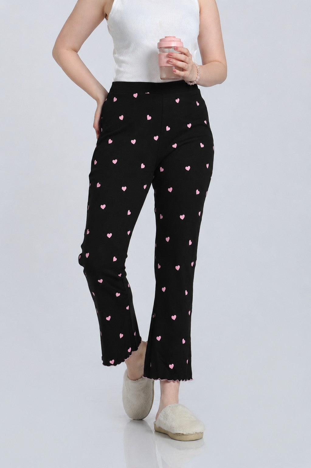 Black Heart Printed Mid Rise Straight Fit Lounge Pant for Women - Image 1