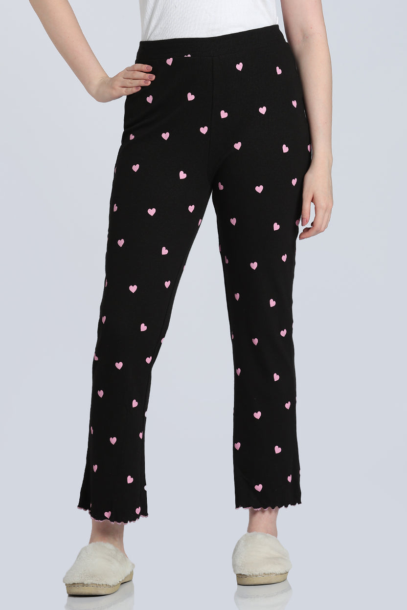 Black Heart Printed Mid Rise Straight Fit Lounge Pant for Women - Image 2