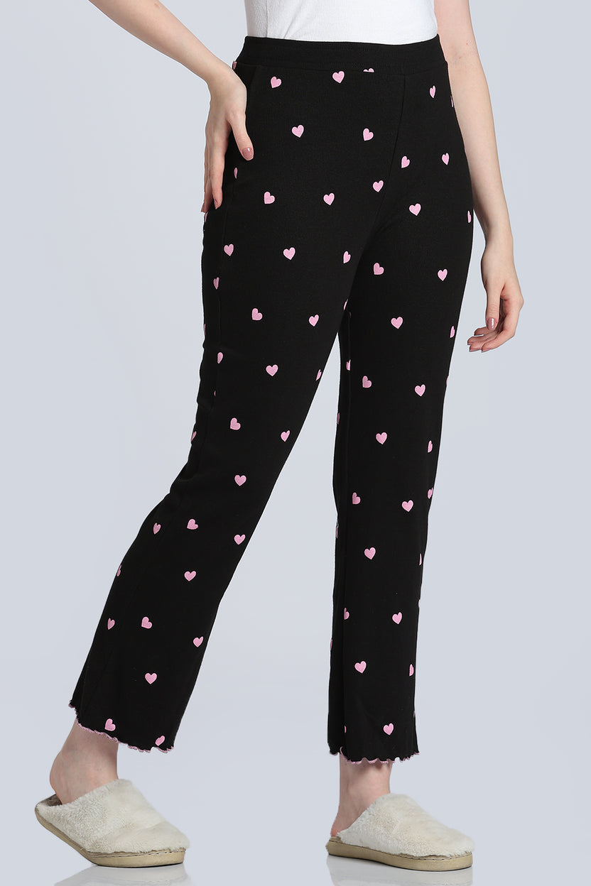 Black Heart Printed Mid Rise Straight Fit Lounge Pant for Women - Image 4