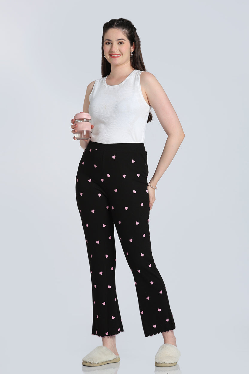 Black Heart Printed Mid Rise Straight Fit Lounge Pant for Women - Image 6