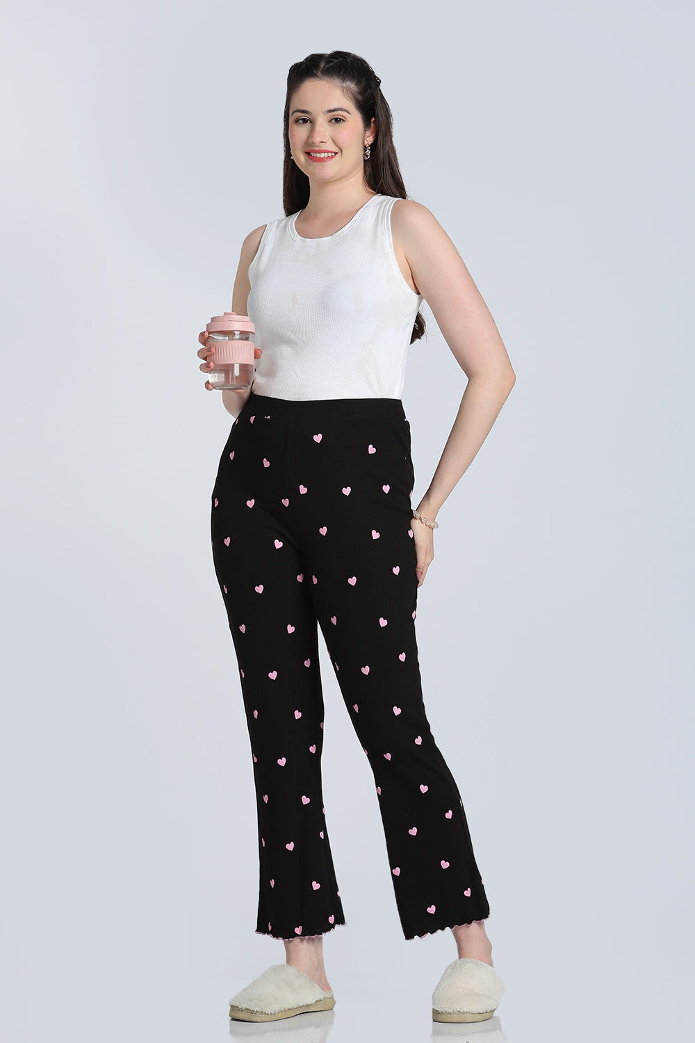 Black Heart Printed Mid Rise Straight Fit Lounge Pant for Women - Image 6