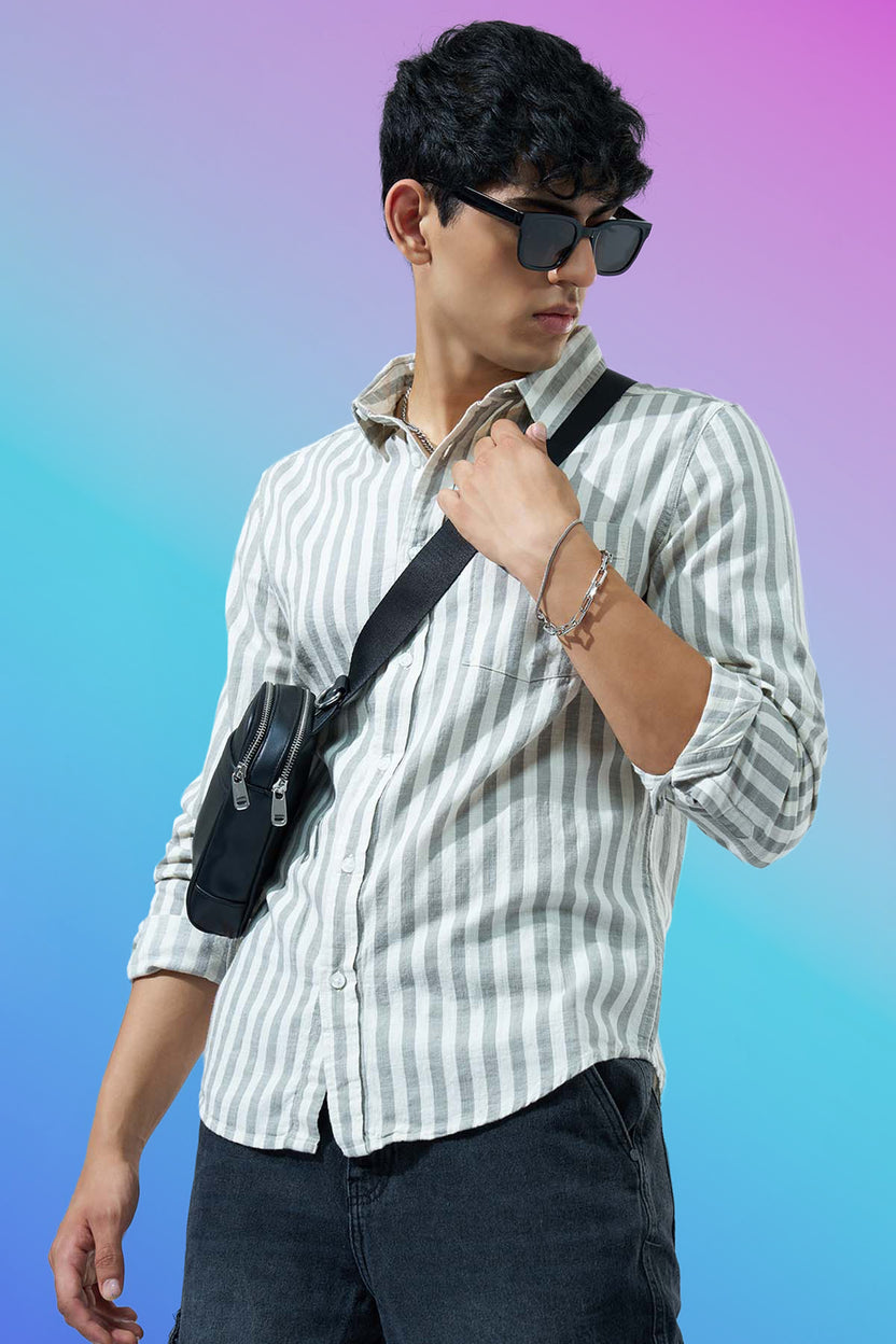 Olive Striped Regular Fit Casual Shirt For Men - Image 1