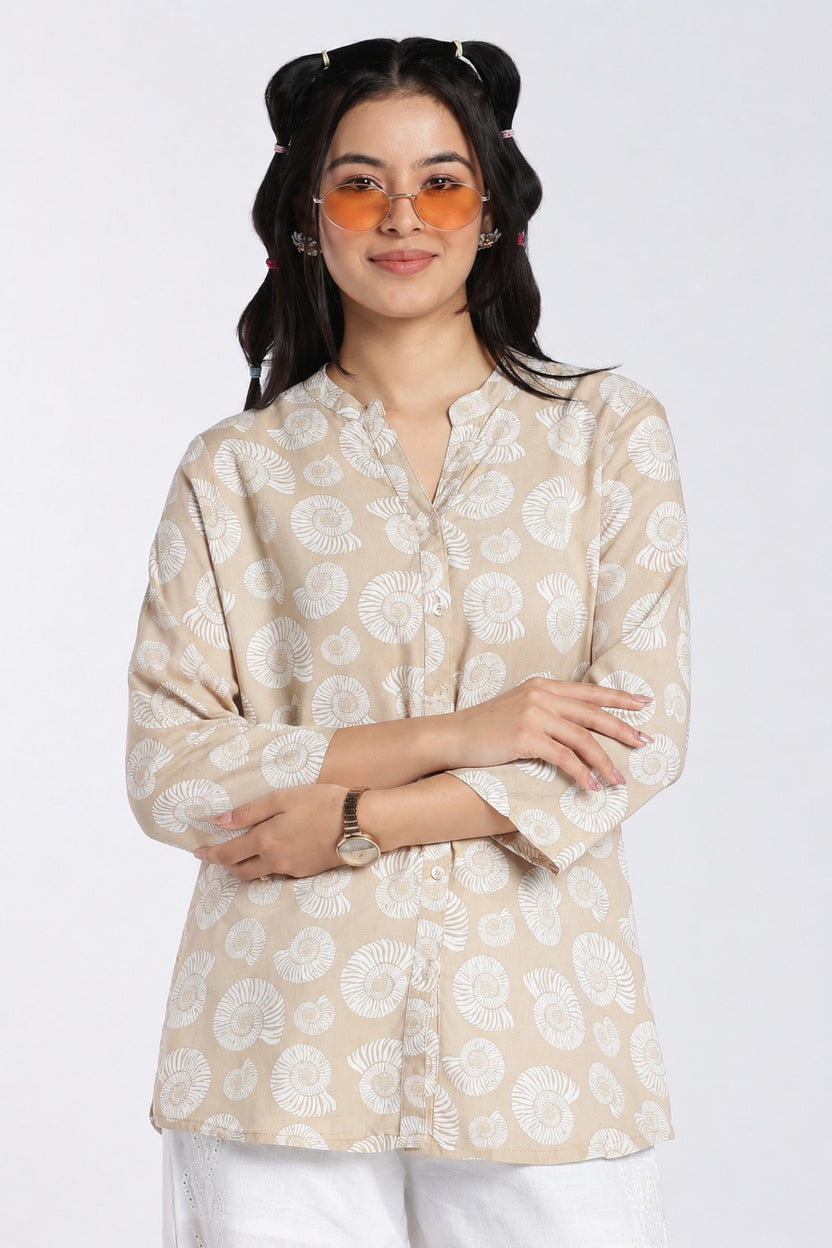 Beige Shell Printed Regular Fit Ethnic Top for Women - Image 1