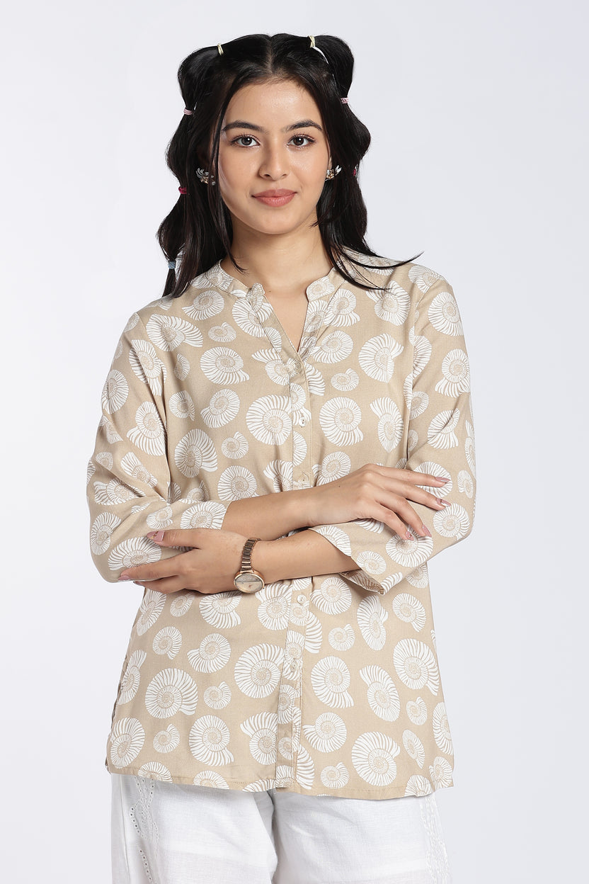 Beige Shell Printed Regular Fit Ethnic Top for Women - Image 2