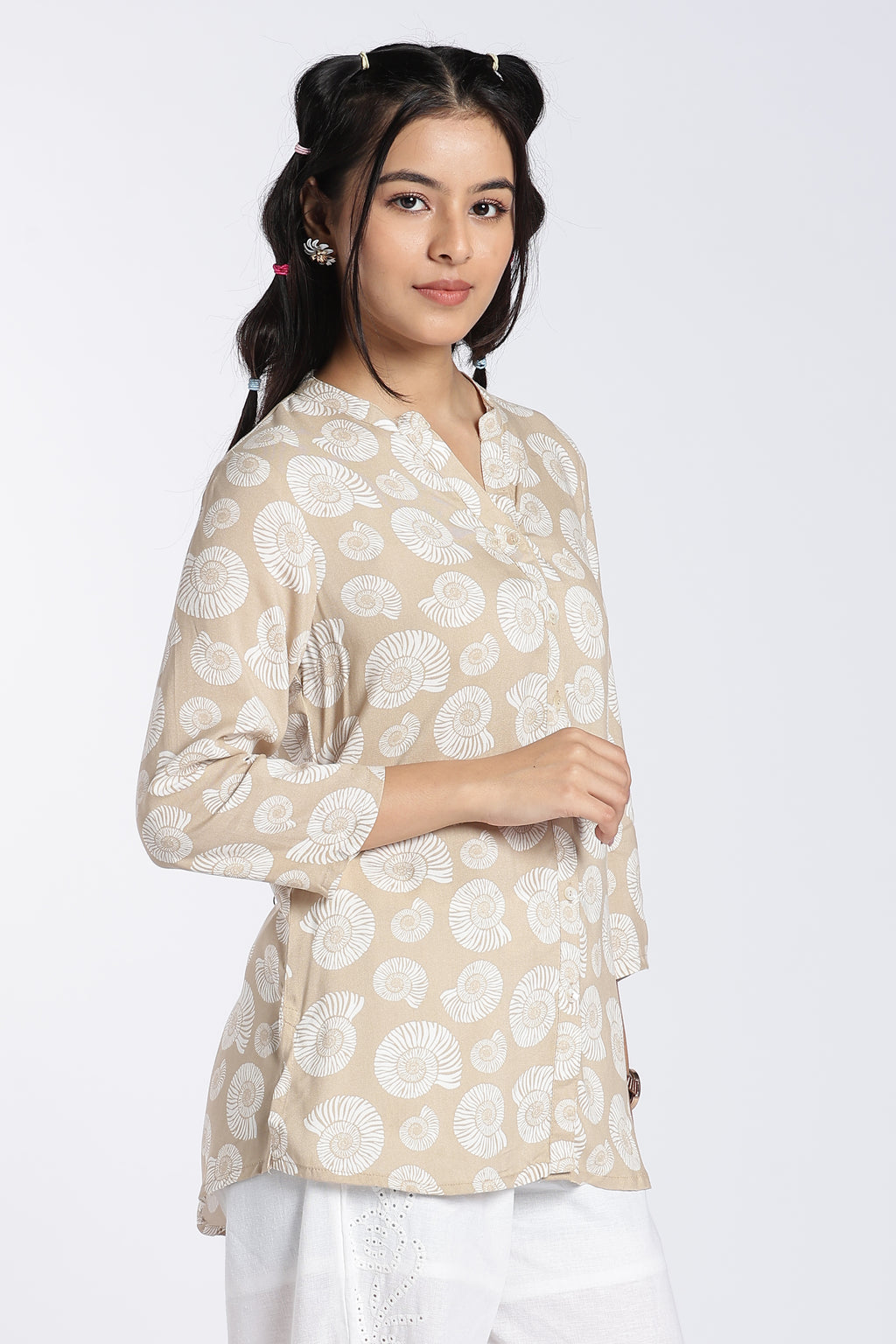 Beige Shell Printed Regular Fit Ethnic Top for Women - Image 4
