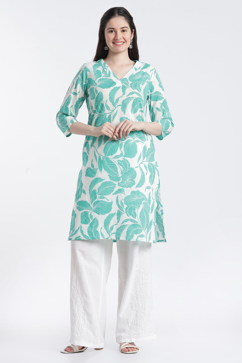 Green Leaf Print Regular Fit Kurta for Women - Image 2