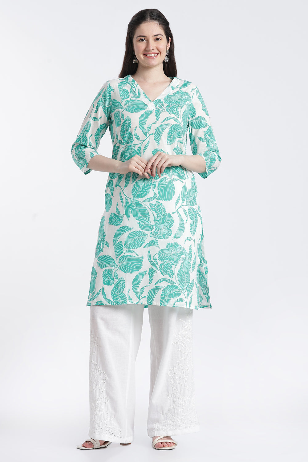 Green Leaf Print Regular Fit Kurta for Women - Image 2