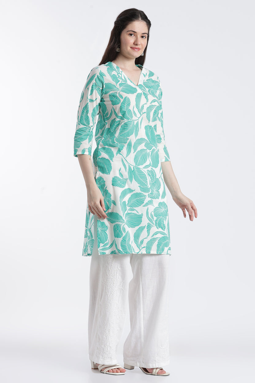 Green Leaf Print Regular Fit Kurta for Women - Image 4