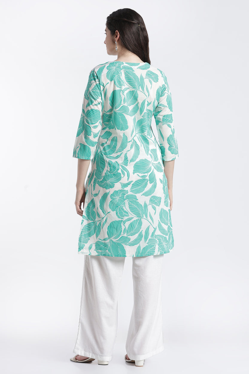 Green Leaf Print Regular Fit Kurta for Women - Image 5