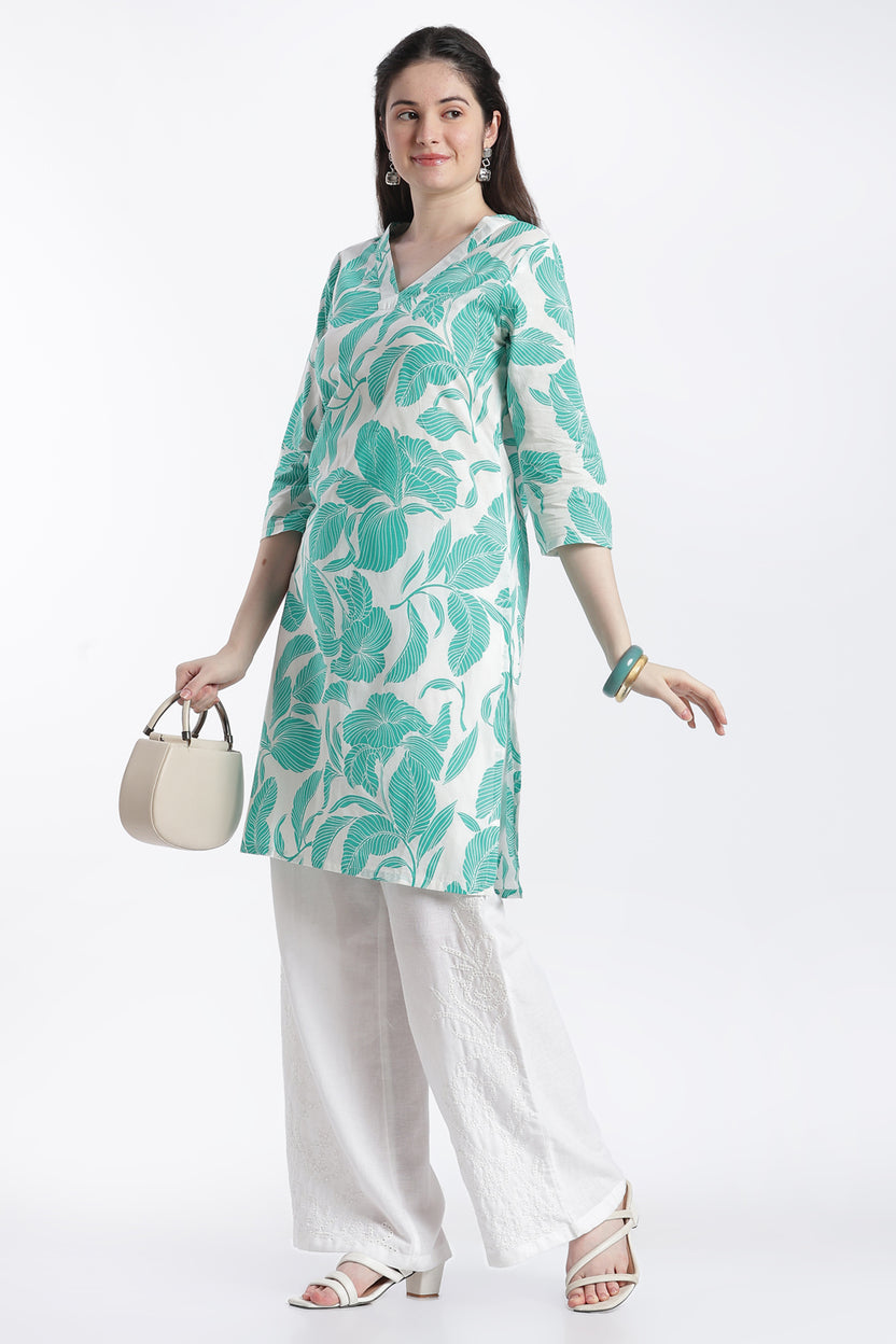 Green Leaf Print Regular Fit Kurta for Women - Image 6