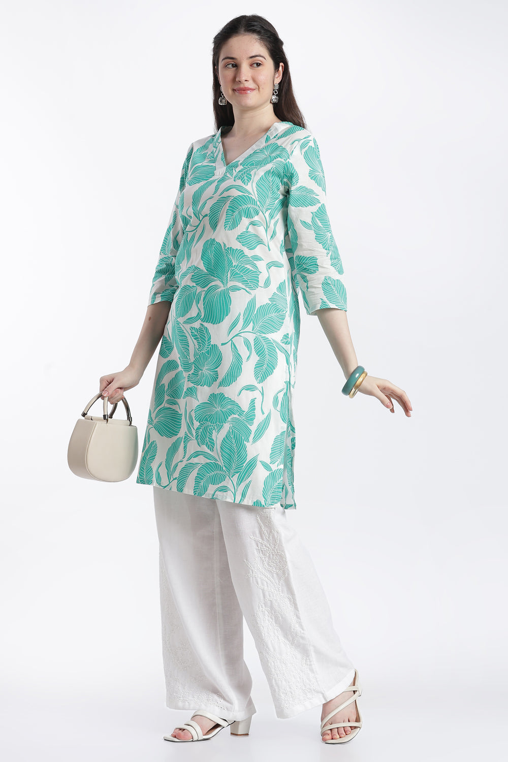 Green Leaf Print Regular Fit Kurta for Women - Image 6