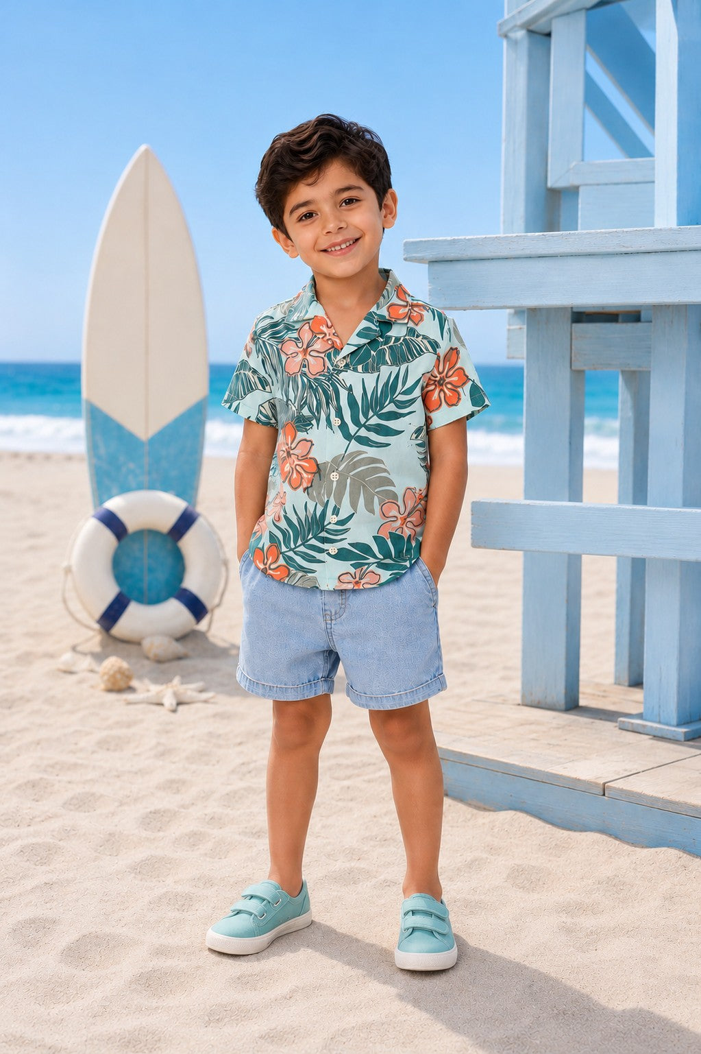Blue Tropical Cotton Blend Regular Fit Shirt for Boys - Image 1