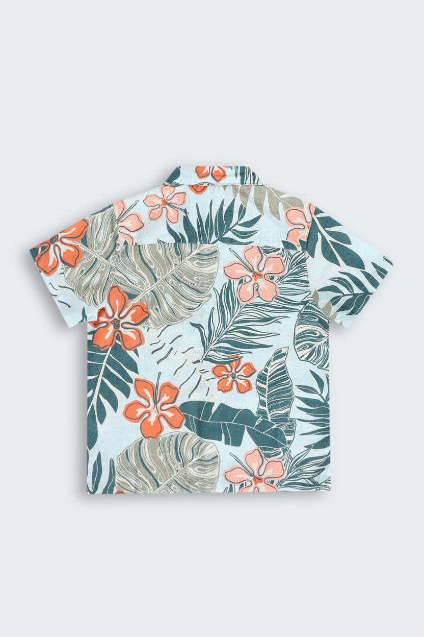 Blue Tropical Cotton Blend Regular Fit Shirt for Boys - Image 3