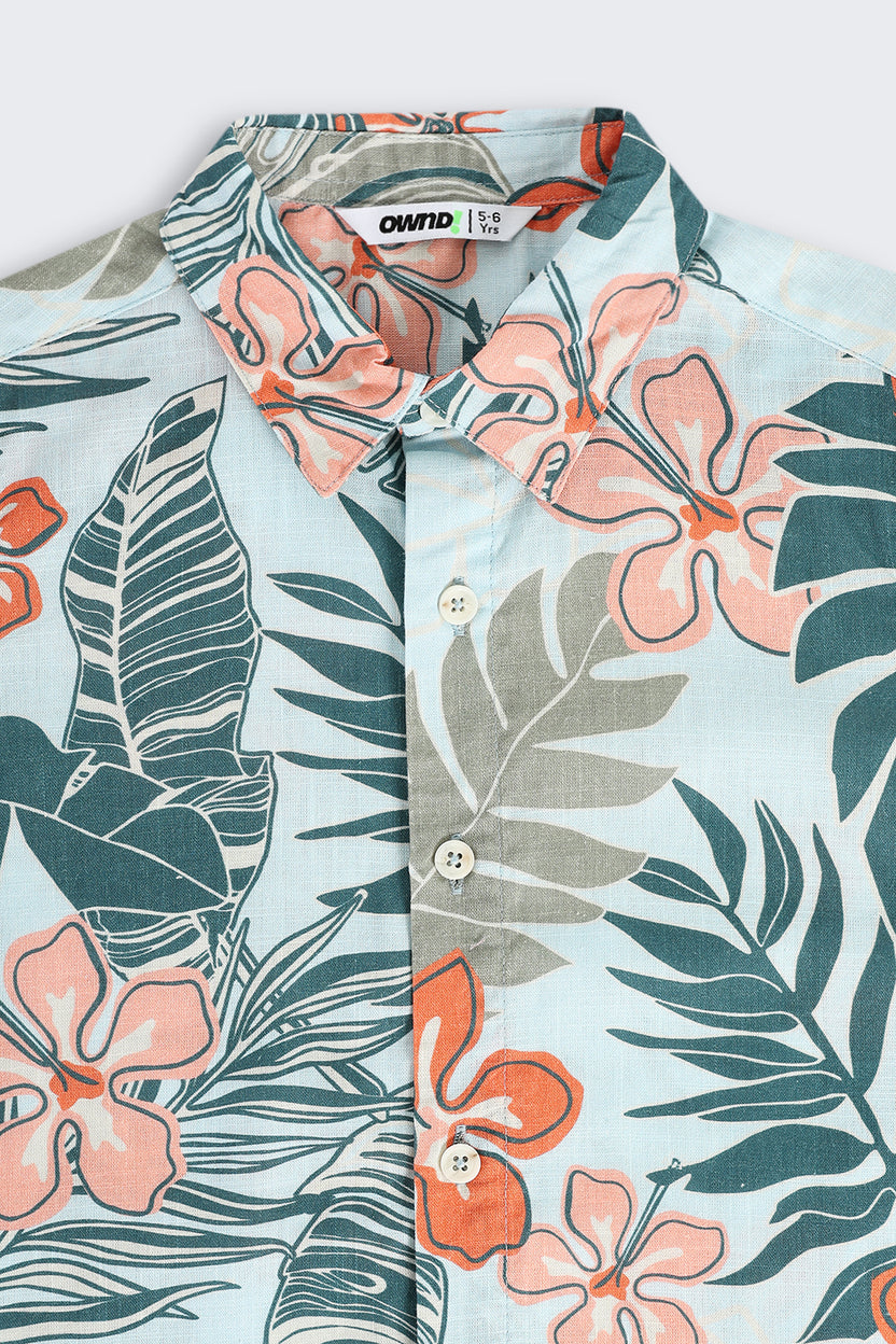 Blue Tropical Cotton Blend Regular Fit Shirt for Boys - Image 4