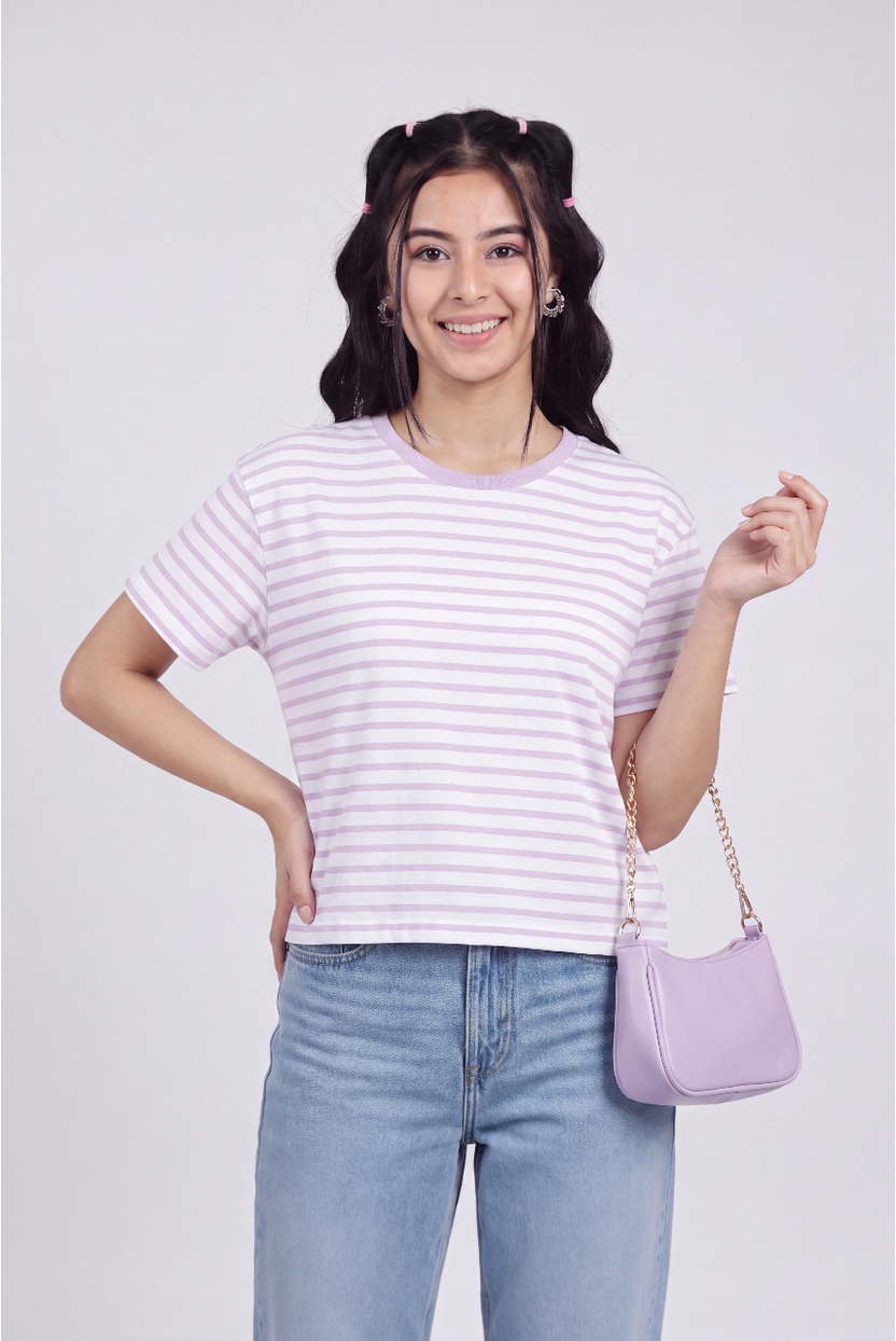 Lilac Striped Regular Fit T-Shirt for Women - Image 1