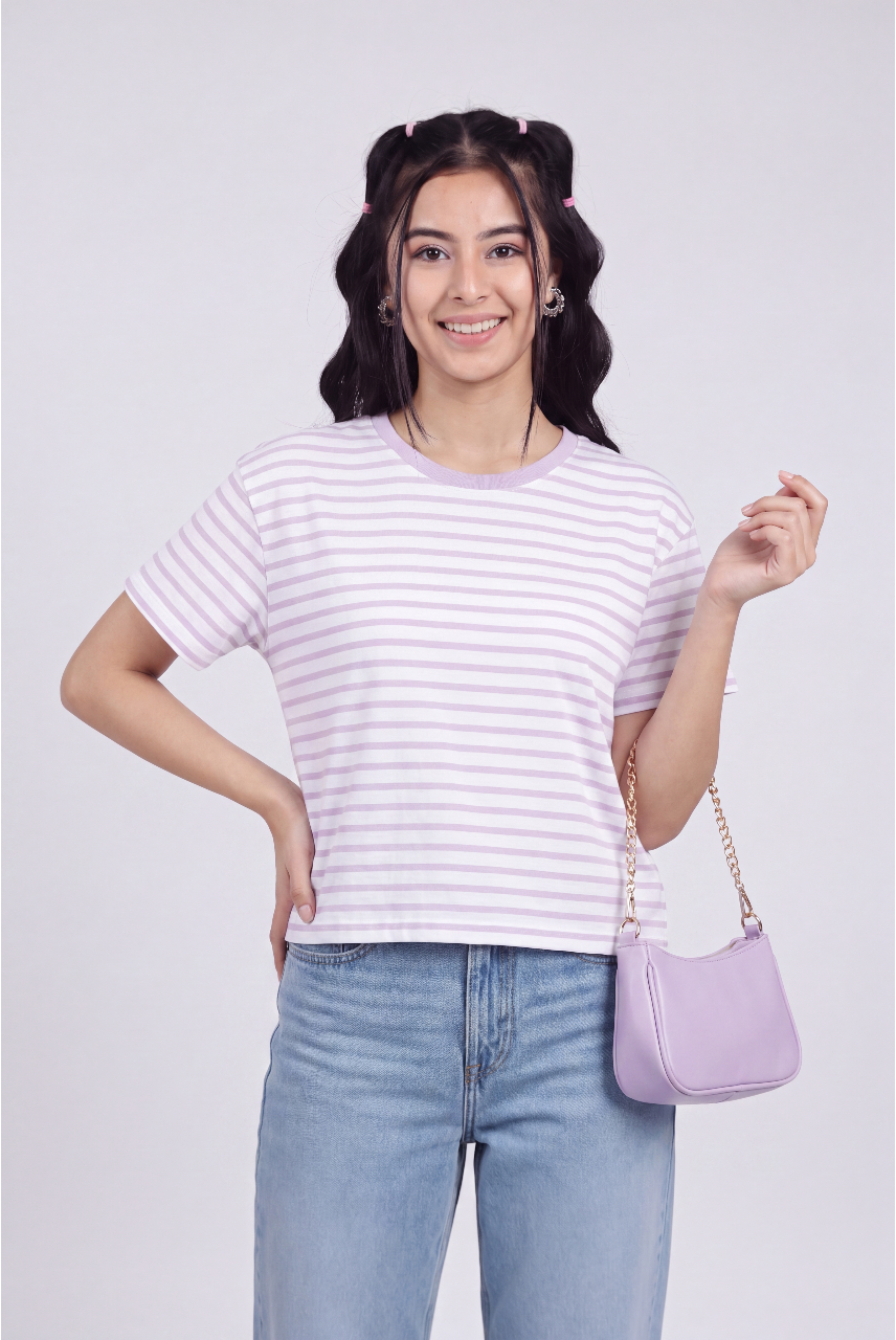 Lilac Striped Regular Fit T-Shirt for Women - Image 1