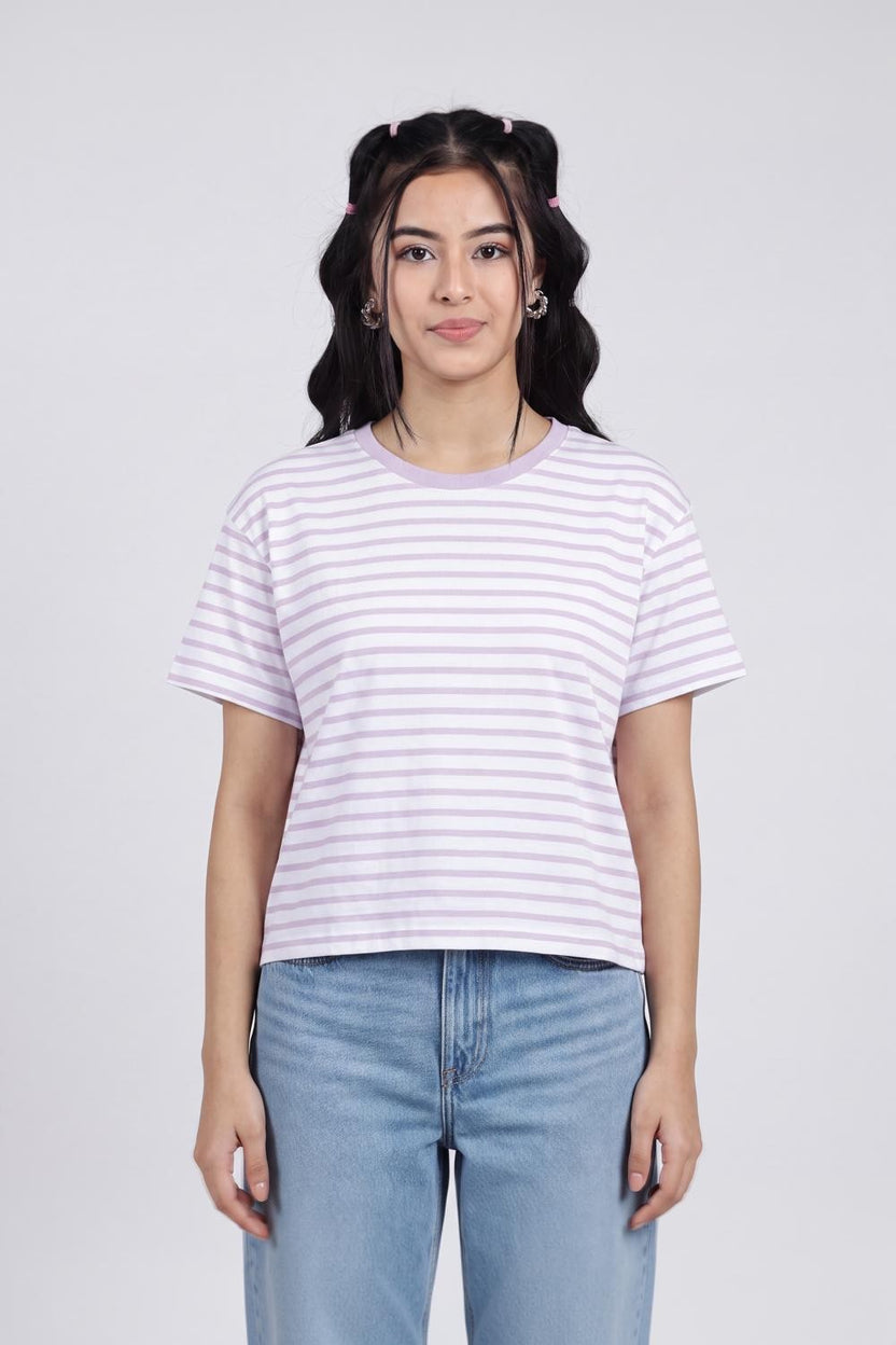 Lilac Striped Regular Fit T-Shirt for Women - Image 2